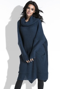 Длинный тёплый свитер тёмно-синего цвета Fobya F445